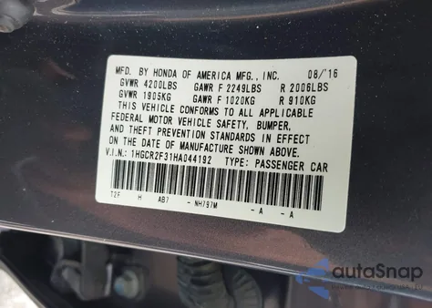 2017 Honda Accord from USA, damaged, VIN 1HGLR2F31HA044192